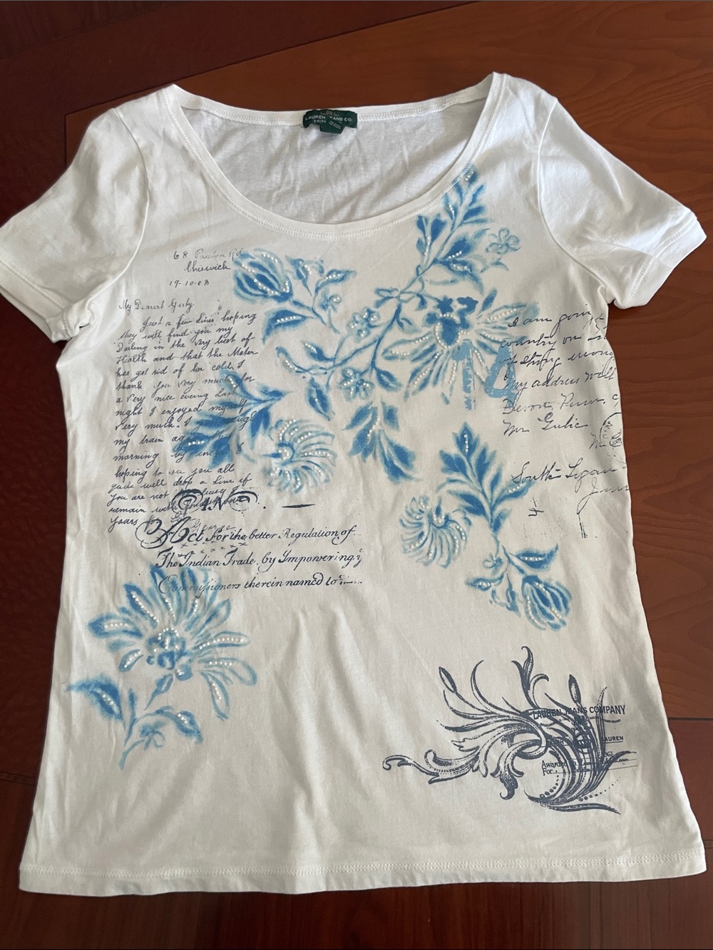 Ralph Lauren White Short Sleeve Scoop Tee with Blue Floral Script